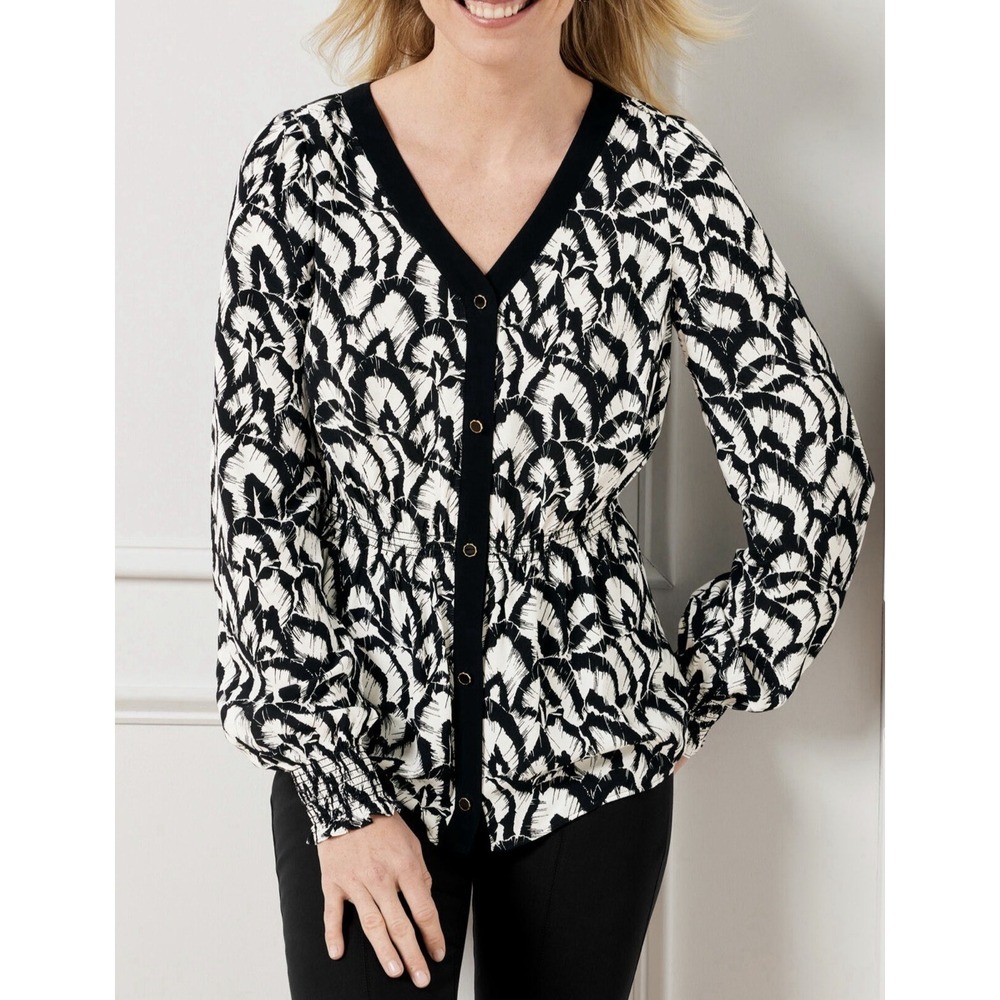 Talbots Size-L/Petite Blouse Gathered Feathers Smocked Long Sleeve Button-Up